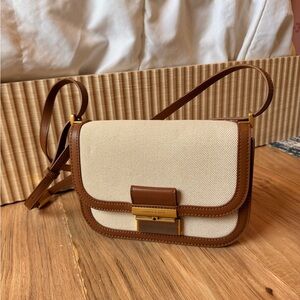 Charles & Keith Cream Canvas Crossbody with Brown Trim